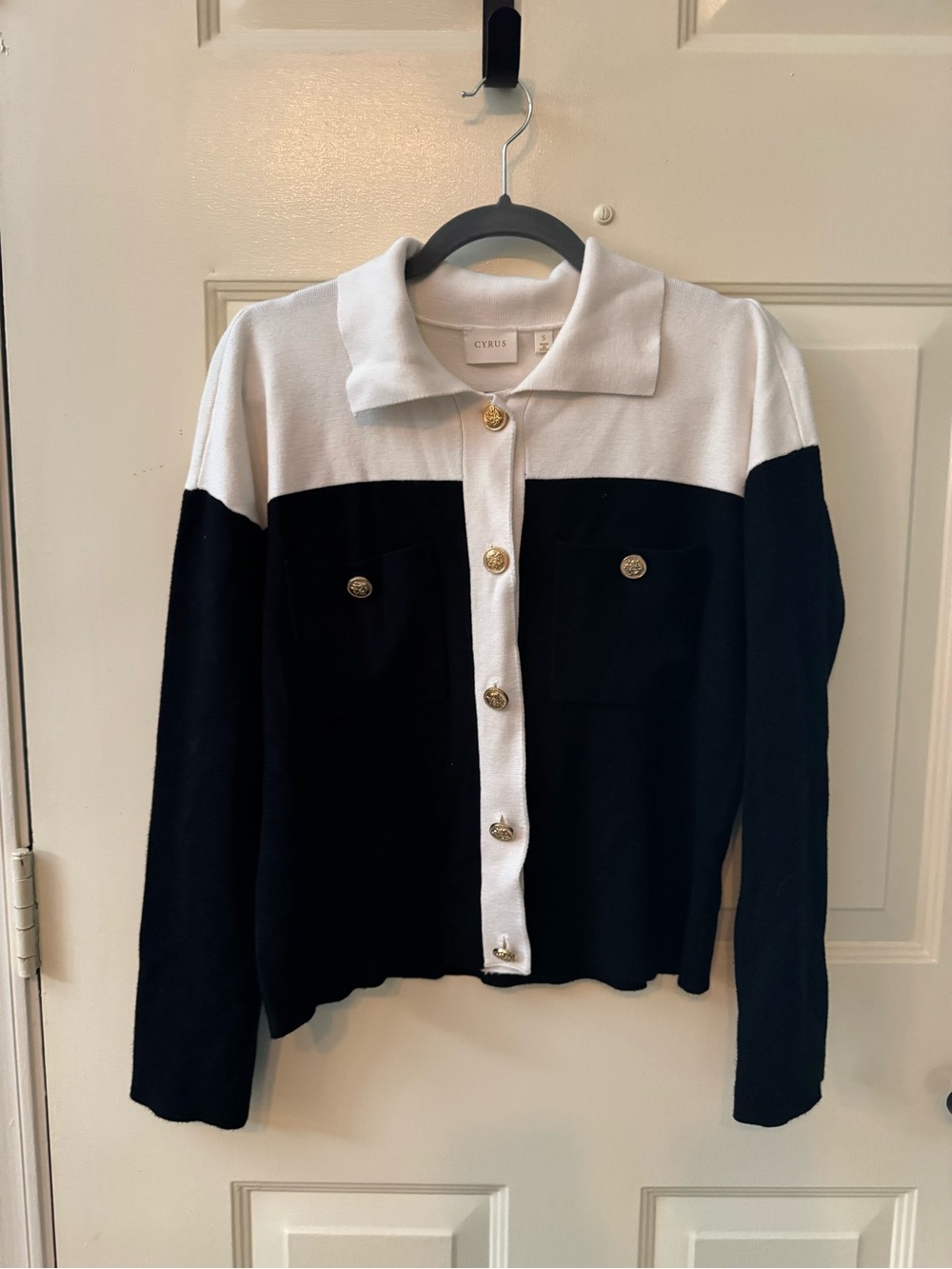 Cyrus Black and White Colorblock Knit Button Cardigan